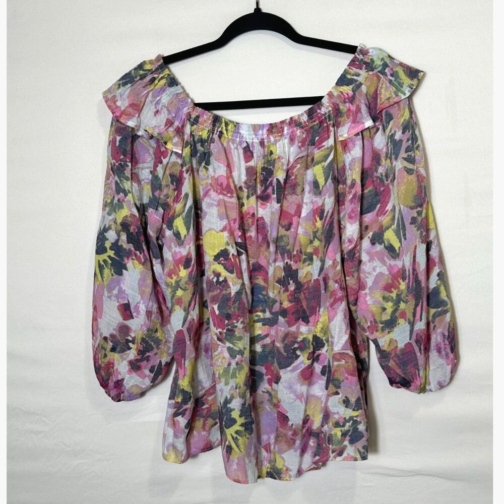 Zac & Rachel BOHO Peasant Blouse Off The Shoulder Watercolor Floral SZ M Ruffle - Picture 3 of 4
